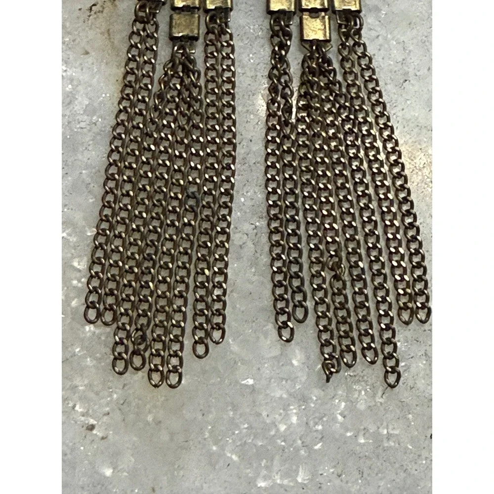 Brass Tone Chain Fringe Tassel Earrings Grunge Art Deco Long Boho Punk Y2K Edgy